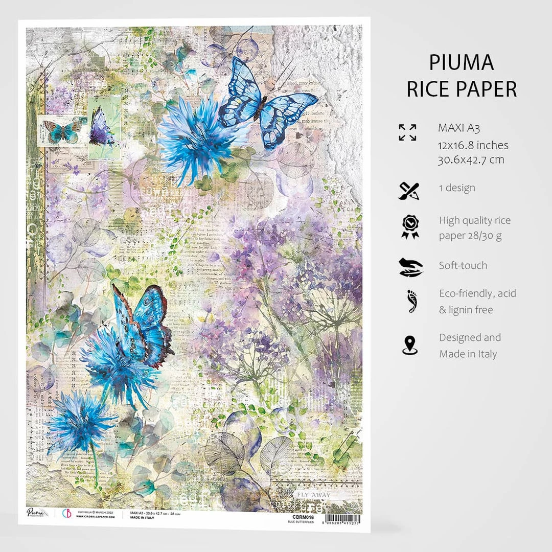 Blue Butterflies - A3 Rice Paper Ciao Bella Collection A3 Decoupage Rice Paper 4 Blue Butterflies - A3 Rice Paper Ciao Bella Collection A3 Decoupage Rice Paper