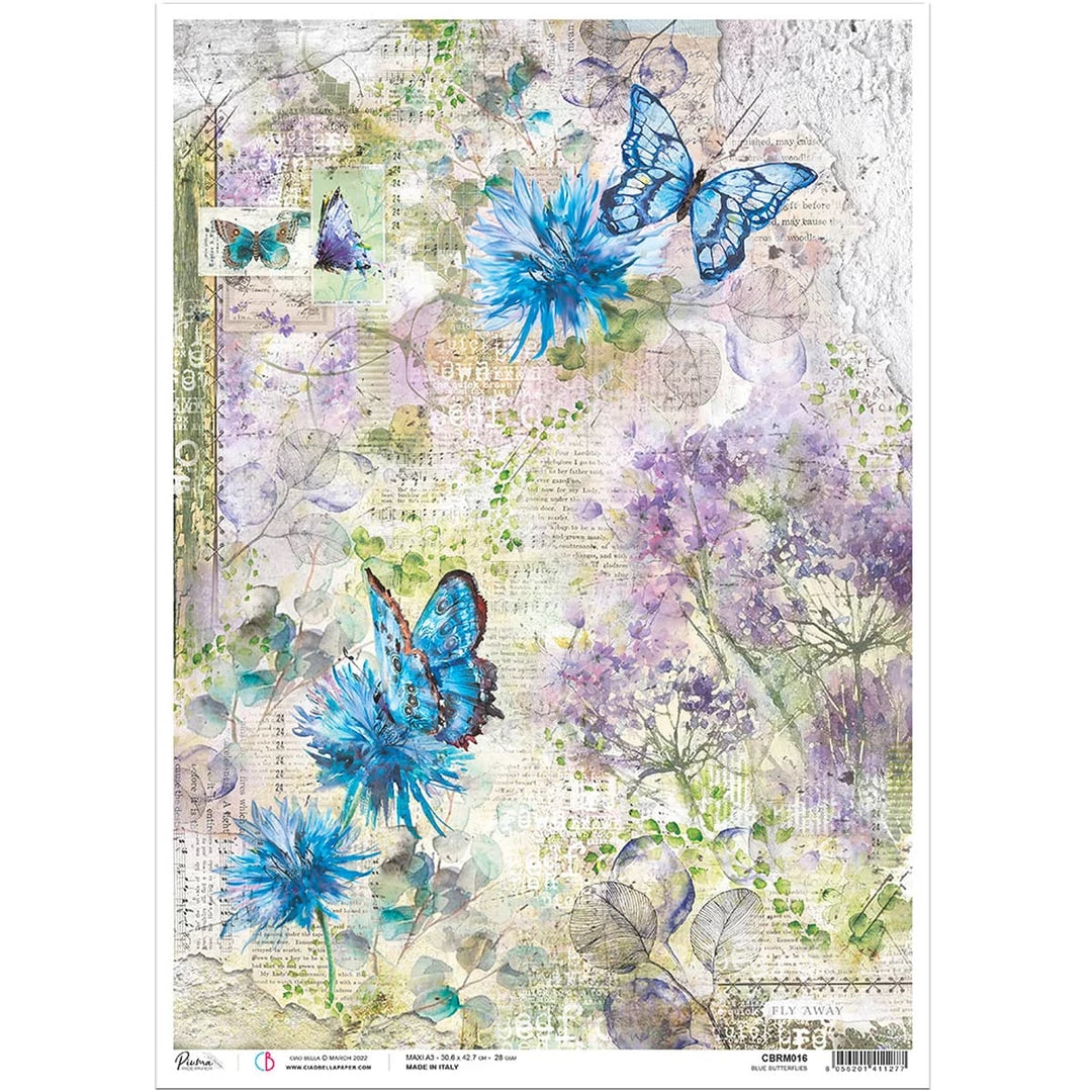 Blue Butterflies - A3 Rice Paper Ciao Bella Collection A3 Decoupage Rice Paper 3 Blue Butterflies - A3 Rice Paper Ciao Bella Collection A3 Decoupage Rice Paper