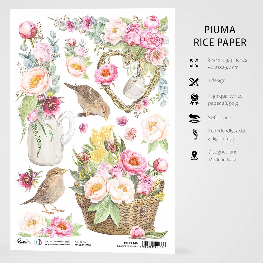 A4 Decoupage Rice Paper Bouquet Of Peonies - A4 Rice Paper Sparrow Hill Ciao Bella Collection 4 A4 Decoupage Rice Paper Bouquet Of Peonies - A4 Rice Paper Sparrow Hill Ciao Bella Collection