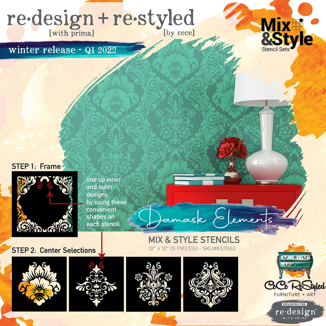 Prima Re-Design Damask Elements CeCe ReStyled Mix & Style 5 Piece Stencil Redesign With Prima 4 Prima Re-Design Damask Elements CeCe ReStyled Mix & Style 5 Piece Stencil Redesign With Prima